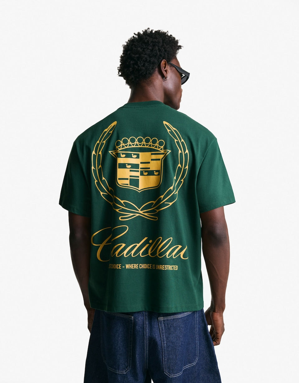 Bershka Men's Green Short Sleeve Cadillac Print T-shirt