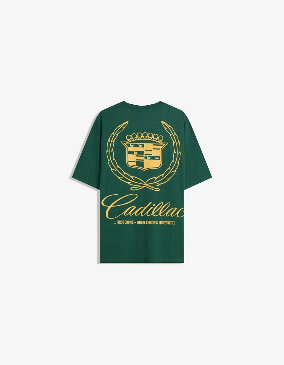 Bershka Men's Green Short Sleeve Cadillac Print T-shirt
