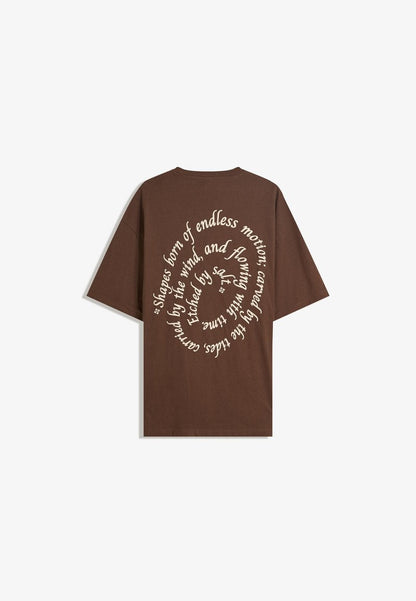 Bershka dark brown short-sleeve t-shirt with a small circular graphic on the tront chest.